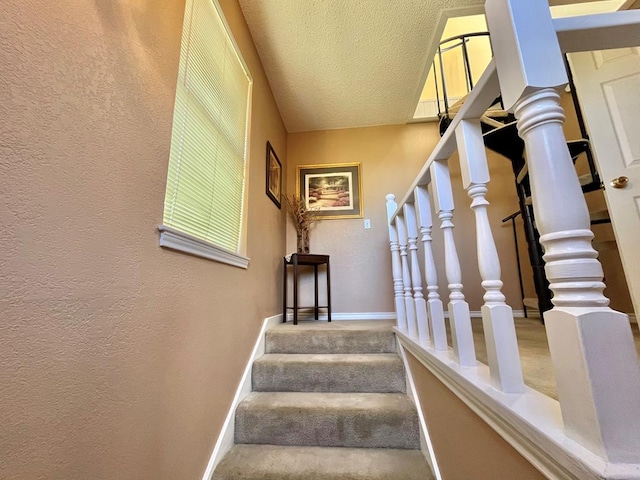 670 Cedar Crest Cir, Hemphill, TX 75948 - staircase featuring baseboards, a textured wall, carpet flooring, and a textured ceiling