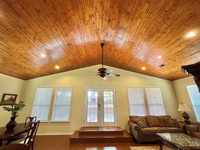 670 Cedar Crest Cir, Hemphill, TX 75948 - living area featuring ceiling fan, lofted ceiling, french doors, recessed lighting, and baseboards