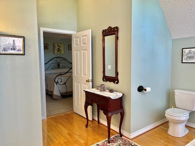 670 Cedar Crest Cir, Hemphill, TX 75948 - bathroom featuring wood finished floors, vaulted ceiling, toilet, vanity, and baseboards
