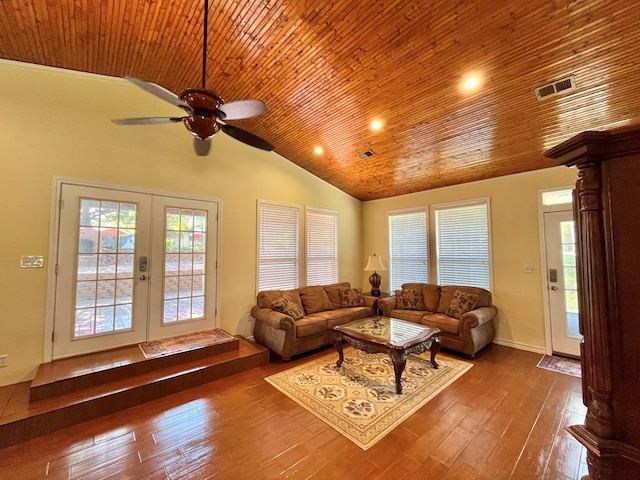 670 Cedar Crest Cir, Hemphill, TX 75948 - living area featuring wooden ceiling, lofted ceiling, a ceiling fan, french doors, and wood-type flooring