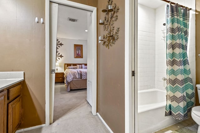 full bath with shower / bath combination with curtain, visible vents, vanity, and toilet