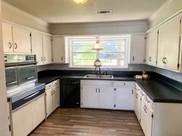 kitchen featuring backsplash, white cabinets, ornamental molding, sink, and dishwasher