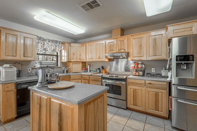 1500 New Haven Rd, Hemphill, TX 75948 - kitchen with light brown cabinetry, a center island, stainless steel appliances, and a textured ceiling