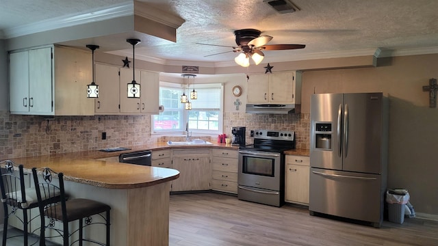 kitchen with sink, ornamental molding, appliances with stainless steel finishes, light hardwood / wood-style floors, and kitchen peninsula