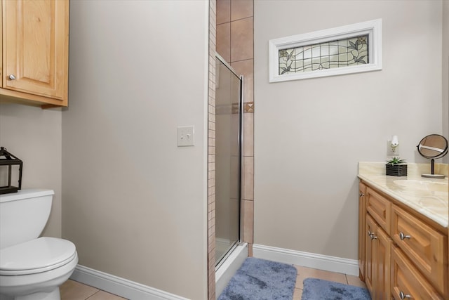 bathroom featuring vanity, an enclosed shower, tile patterned floors, and toilet