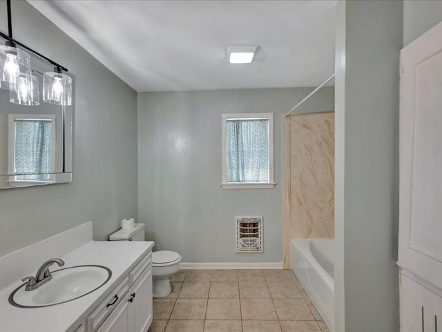 full bathroom featuring vanity, bathtub / shower combination, tile patterned floors, toilet, and heating unit