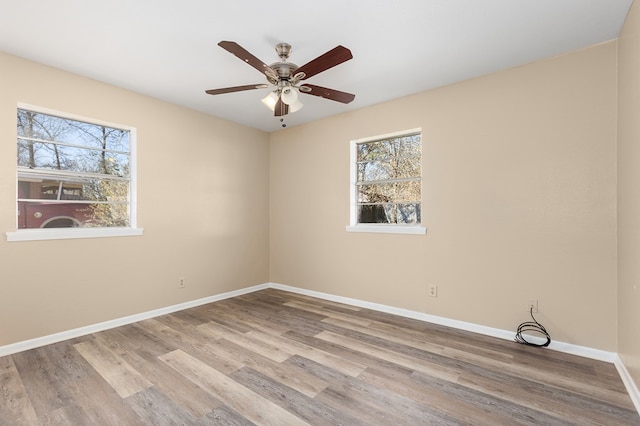 empty room with ceiling fan and light hardwood / wood-style flooring