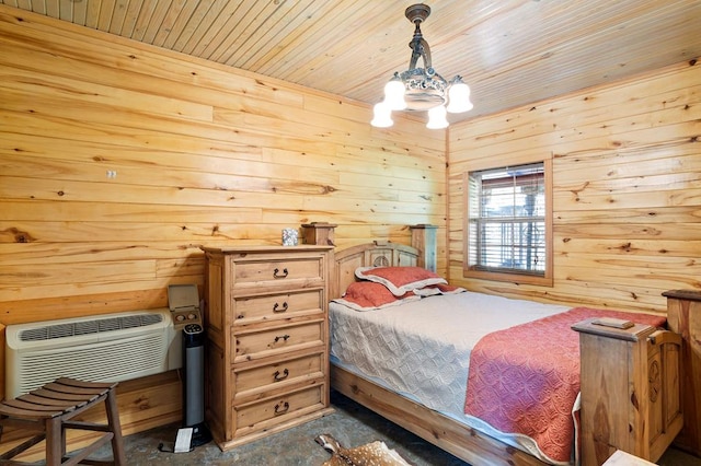 bedroom with wooden walls and a wall mounted air conditioner