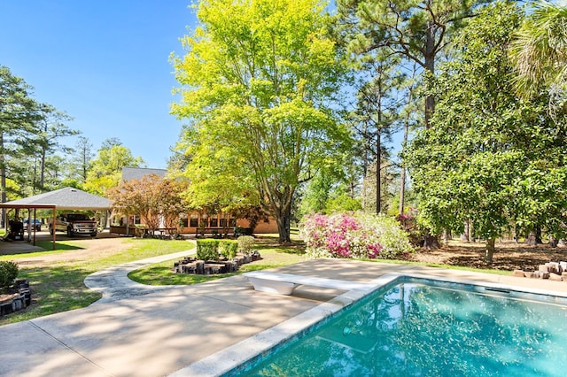 view of swimming pool with a lawn