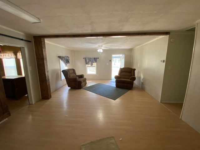 unfurnished living room featuring ceiling fan, light hardwood / wood-style floors, and ornamental molding