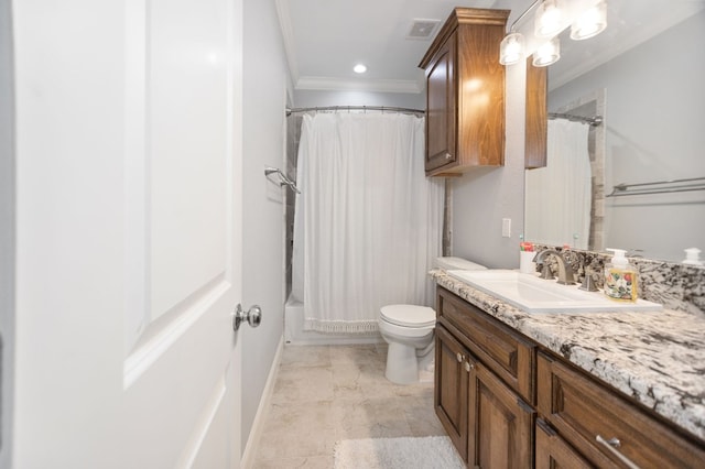 bathroom featuring vanity, toilet, visible vents, crown molding, and shower / bath combination with curtain