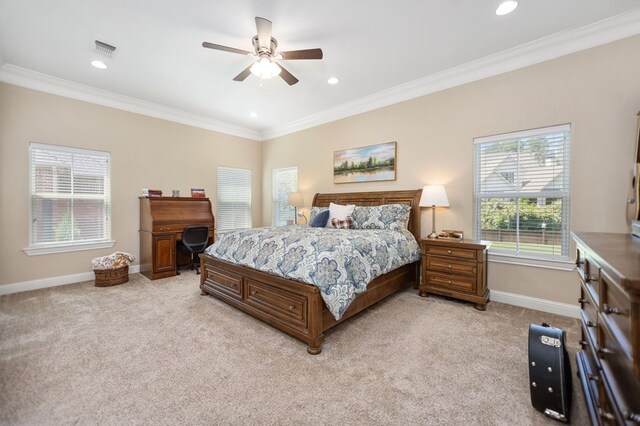 bedroom with baseboards, visible vents, recessed lighting, light colored carpet, and ornamental molding