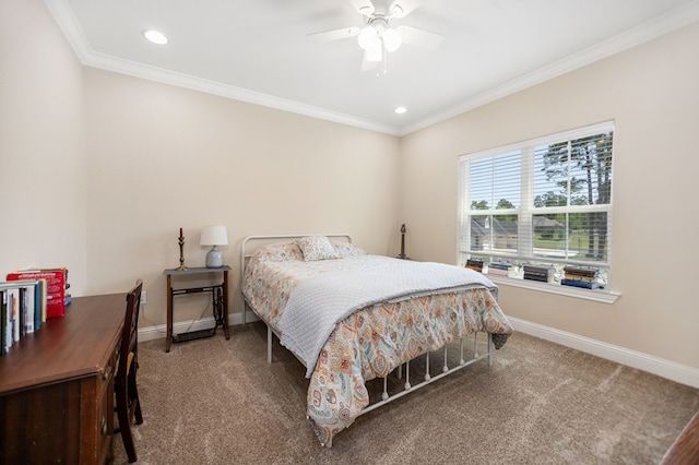 carpeted bedroom with a ceiling fan, baseboards, ornamental molding, and recessed lighting