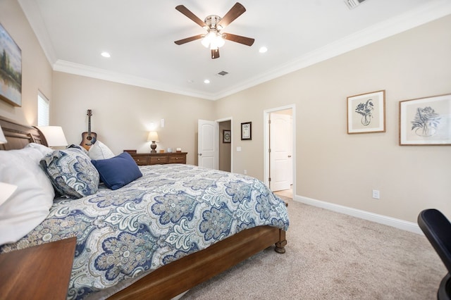 bedroom featuring visible vents, recessed lighting, light colored carpet, and crown molding