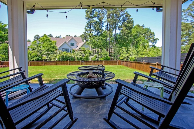 view of patio featuring a fire pit and a fenced backyard