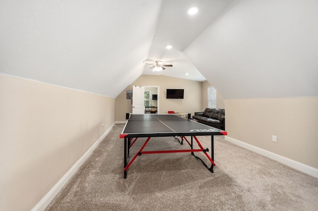 playroom featuring baseboards, carpet flooring, vaulted ceiling, and recessed lighting