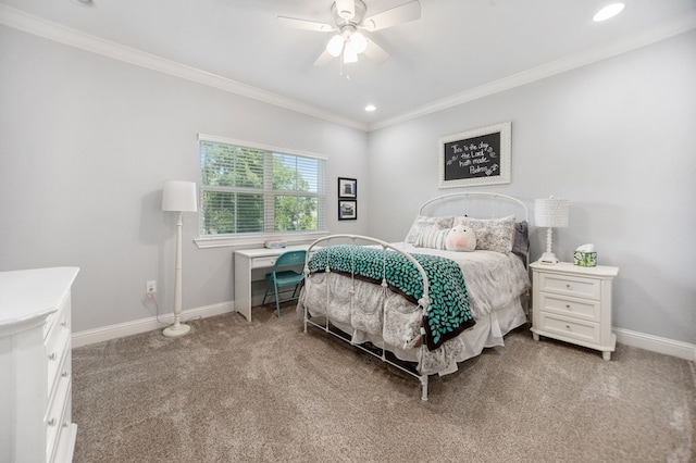 bedroom featuring ceiling fan, light colored carpet, baseboards, ornamental molding, and recessed lighting