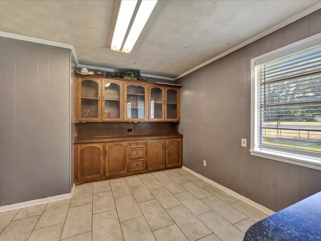 interior space featuring light tile patterned flooring, plenty of natural light, ornamental molding, and baseboards