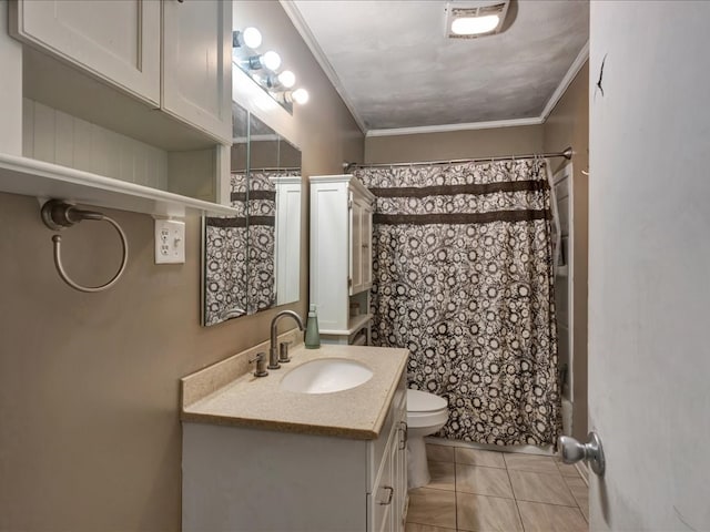full bathroom with a shower with curtain, vanity, tile patterned floors, toilet, and crown molding