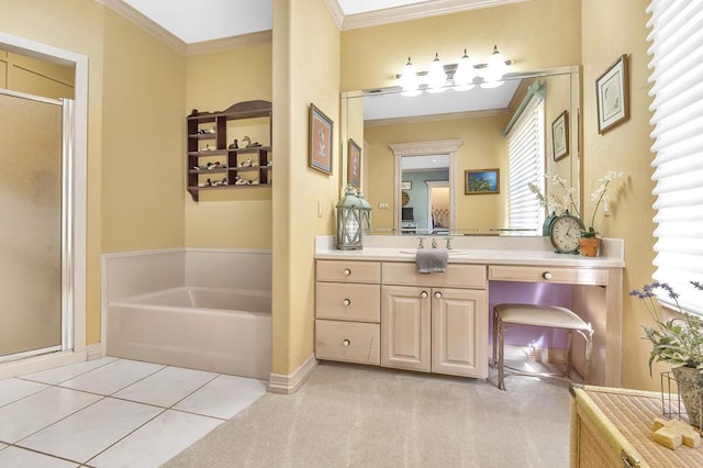 bathroom with vanity, tile patterned floors, crown molding, and separate shower and tub