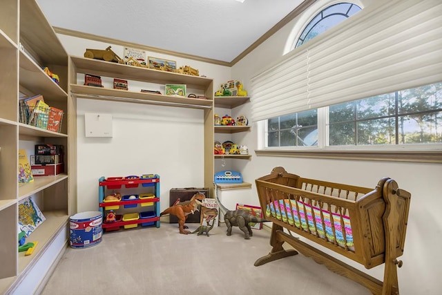 carpeted bedroom featuring a crib and ornamental molding