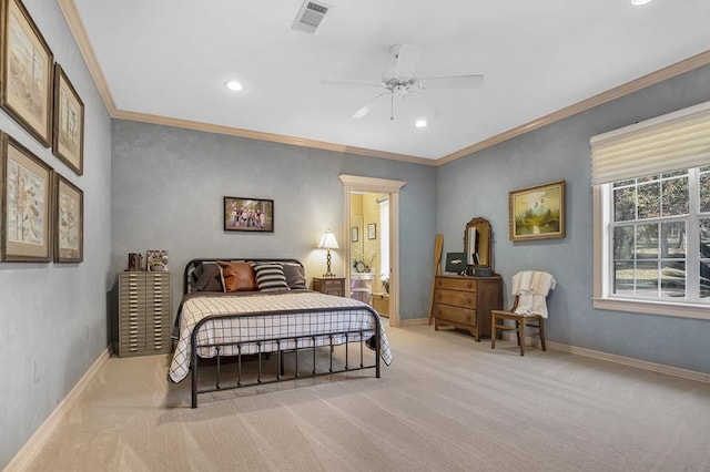 carpeted bedroom featuring ceiling fan and ornamental molding