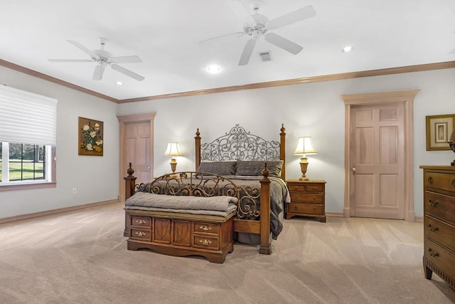 bedroom featuring ceiling fan, light colored carpet, and ornamental molding