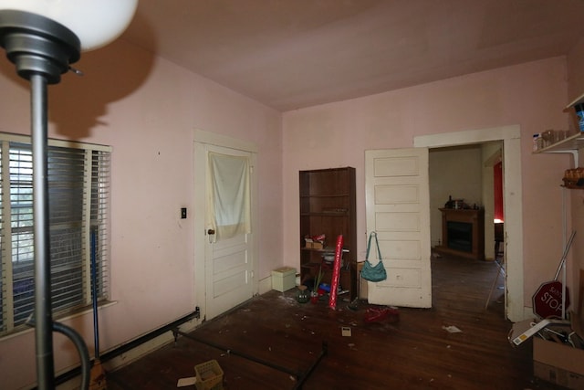 interior space with a fireplace and dark wood-type flooring