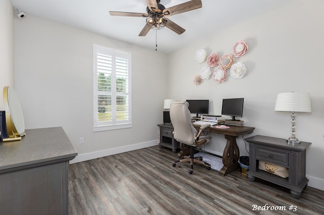 office area featuring ceiling fan, baseboards, and wood finished floors