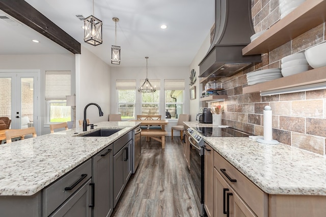 kitchen with visible vents, open shelves, a sink, appliances with stainless steel finishes, and backsplash