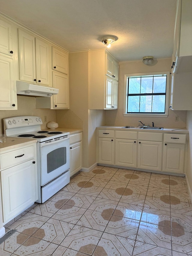 kitchen featuring light countertops, white electric range, under cabinet range hood, and a sink