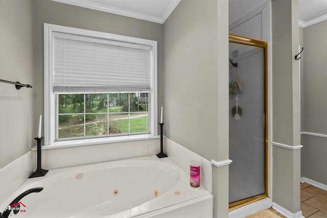 140 Eastwood Dr, Milam, TX 75959 - bathroom with ornamental molding, a shower stall, and a whirlpool tub