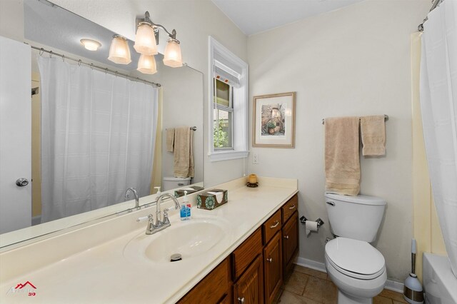 140 Eastwood Dr, Milam, TX 75959 - bathroom with toilet, vanity, baseboards, curtained shower, and tile patterned floors
