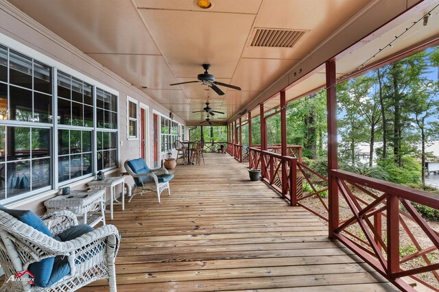 140 Eastwood Dr, Milam, TX 75959 - wooden terrace featuring a porch and a ceiling fan