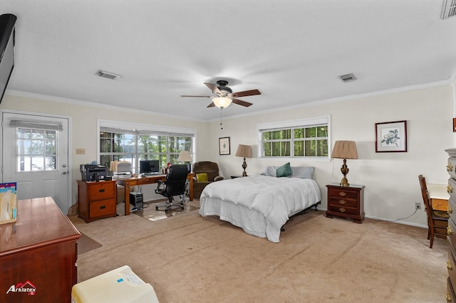 140 Eastwood Dr, Milam, TX 75959 - bedroom featuring a desk, carpet, crown molding, a ceiling fan, and baseboards