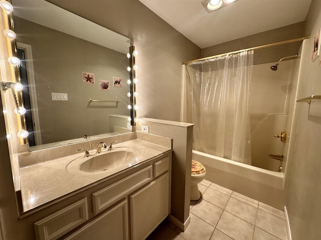 full bathroom featuring toilet, shower / bath combo, vanity, and tile patterned floors