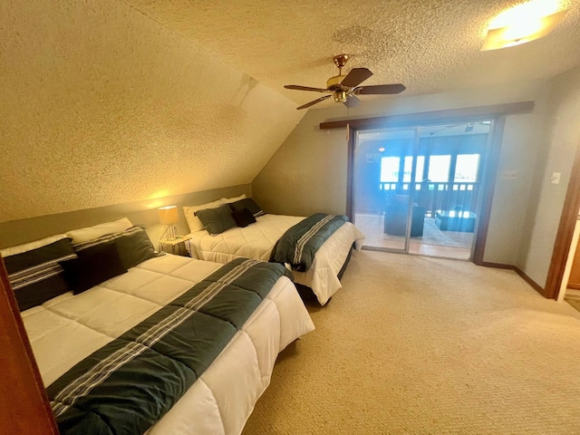 bedroom with access to exterior, baseboards, carpet, lofted ceiling, and a textured ceiling