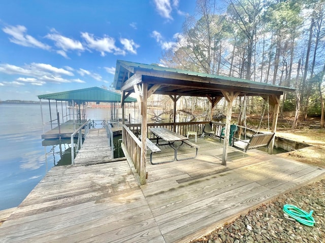 dock area featuring boat lift and a water view