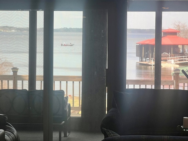 interior space featuring a water view