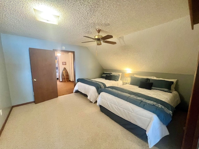 carpeted bedroom featuring ceiling fan, lofted ceiling, baseboards, and a textured ceiling