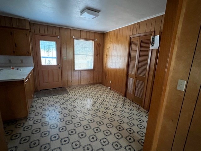 doorway to outside featuring wood walls and ornamental molding