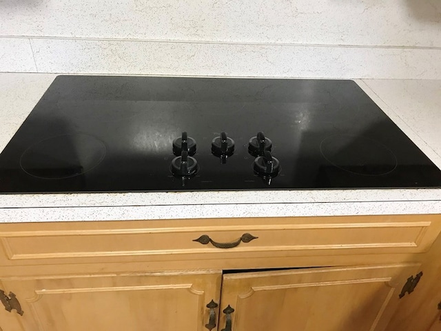 details with black electric cooktop and light countertops