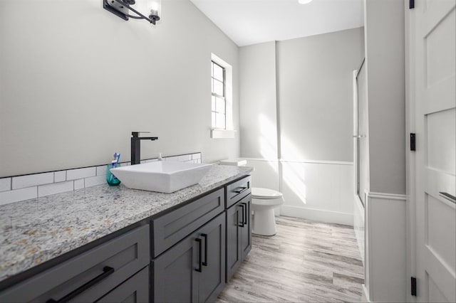 bathroom featuring vanity, toilet, and hardwood / wood-style floors