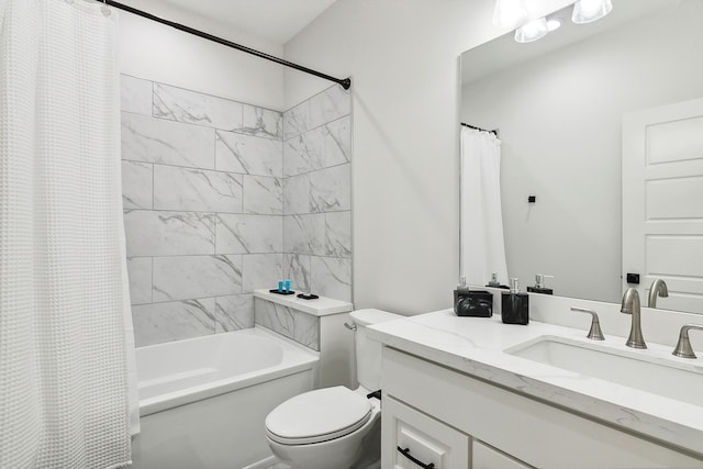 full bathroom with shower / bath combination with curtain, vanity, and toilet