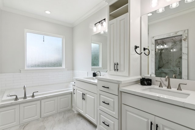 bathroom featuring shower with separate bathtub, vanity, and ornamental molding