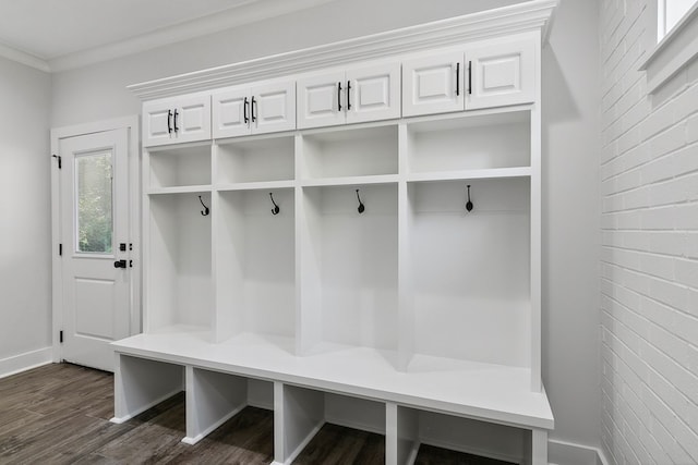 mudroom with crown molding and dark wood-type flooring