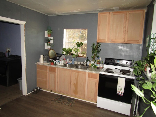 kitchen with white range with electric stovetop, light brown cabinetry, sink, and dark wood-type flooring