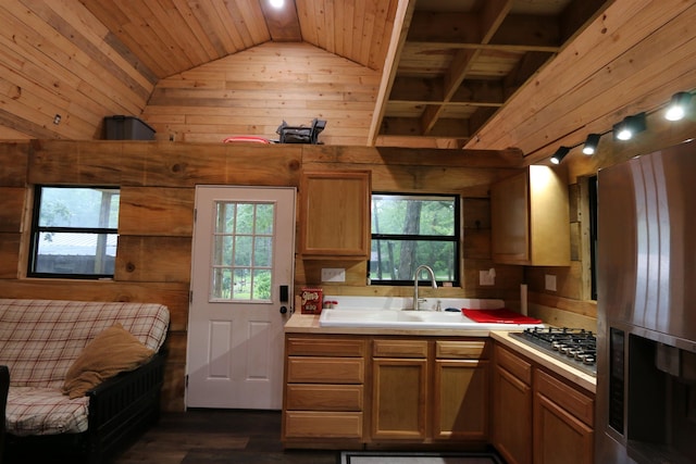 kitchen with wooden ceiling, wood walls, lofted ceiling, and a wealth of natural light