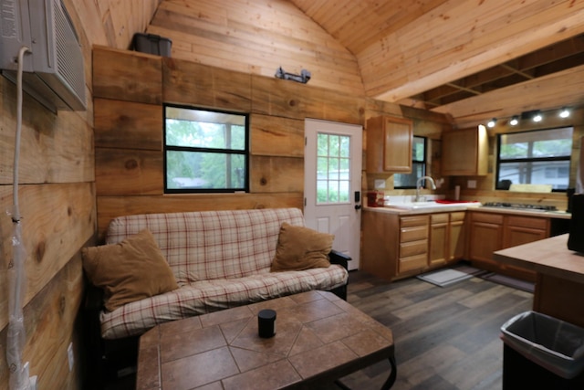 living room featuring wood ceiling, vaulted ceiling, wooden walls, and dark wood-style flooring