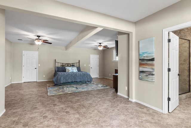 bedroom featuring ceiling fan, visible vents, and baseboards